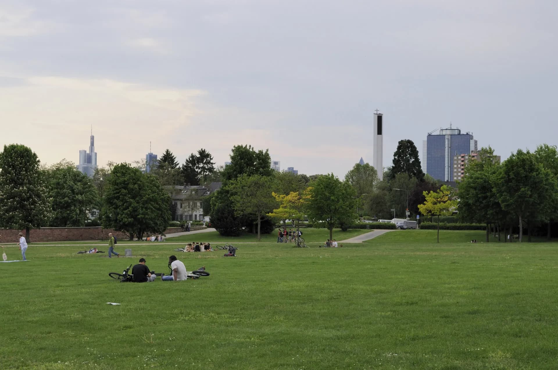 Wiese im Günthersburgpark mit Blick auf die Frankfurter Skyline