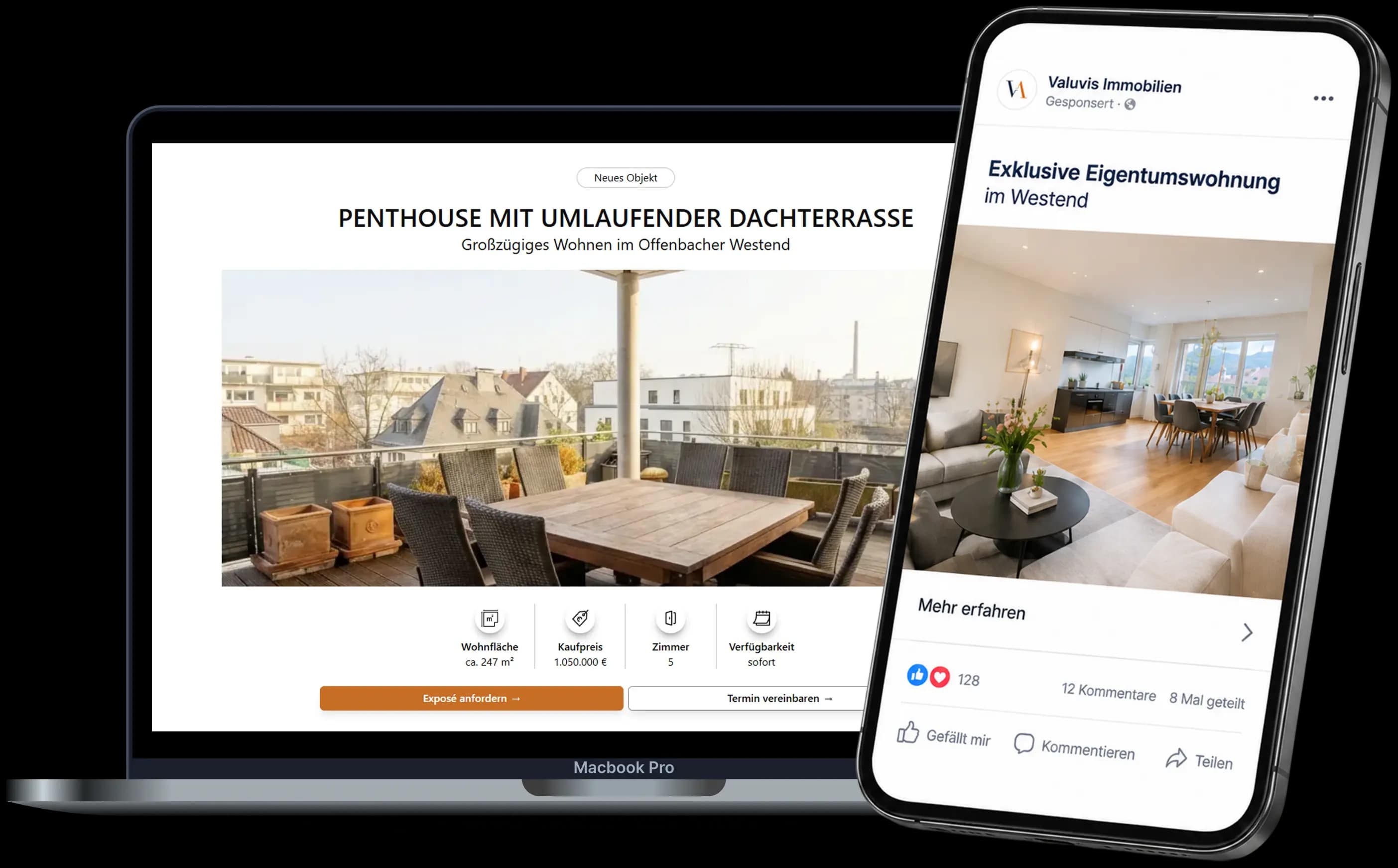 Professionelle Immobilien-Website auf dem Laptop und Werbeanzeige auf dem Smartphone – erstellt mit Novascale und Vivesta Studio