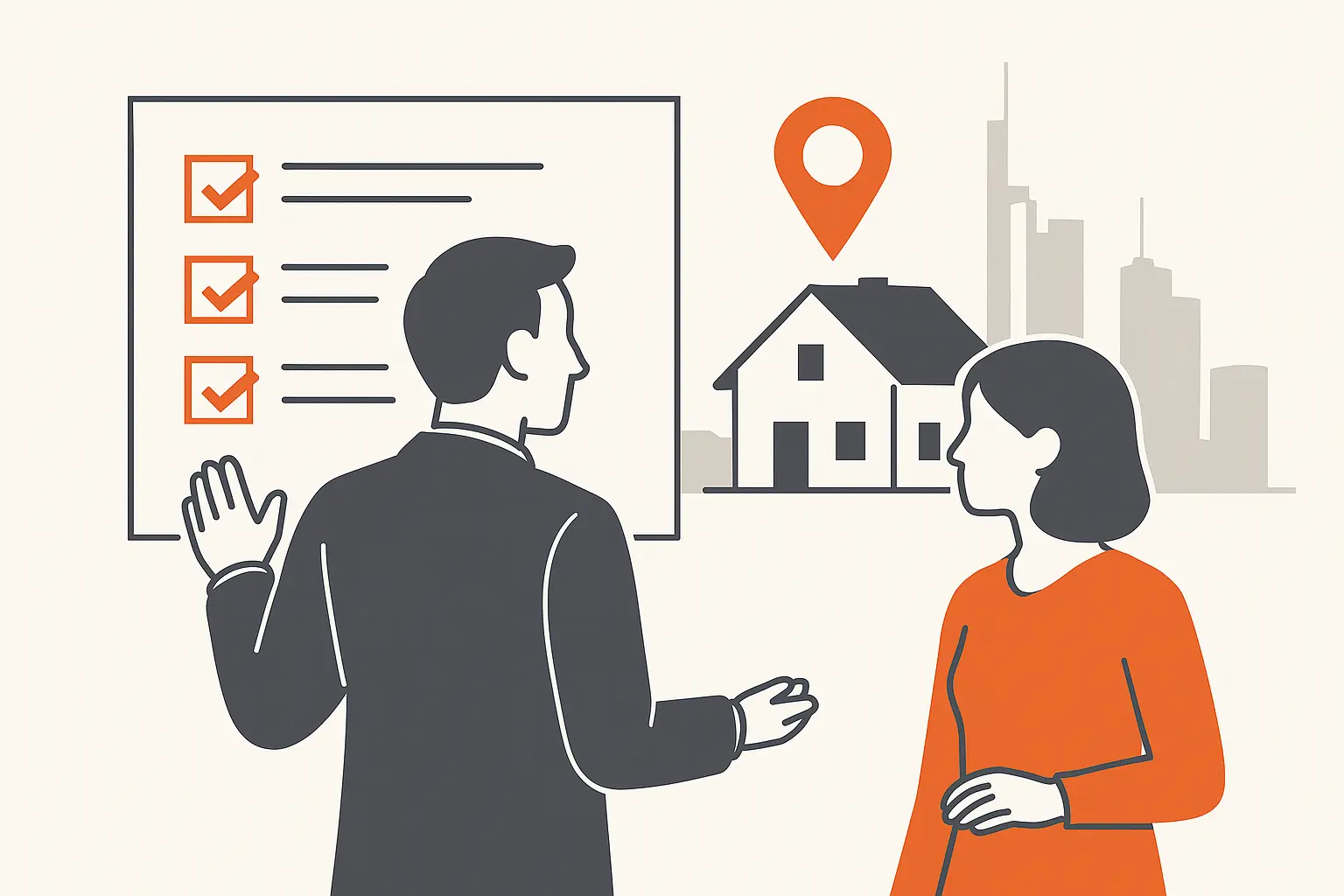 Immobilienkauf Frankfurt Makler Beratung Flat-Design-Illustration eines Immobilienmaklers im Gespräch mit einer Kundin. Im Hintergrund ein Präsentationsboard, ein Haus mit Standortmarker und die stilisierte Skyline von Frankfurt – symbolisiert individuelle Beratung, Marktzugang und Begleitung bis zum Kaufabschluss.