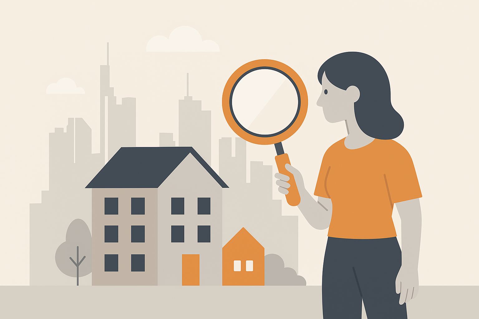 Immobilie mieten in Frankfurt & Rhein-Main Flat-Design-Illustration einer Frau mit Lupe, die ein stilisiertes Wohnhaus betrachtet. Im Hintergrund die abstrahierte Skyline von Frankfurt – symbolisiert die strukturierte Immobiliensuche in der Region.