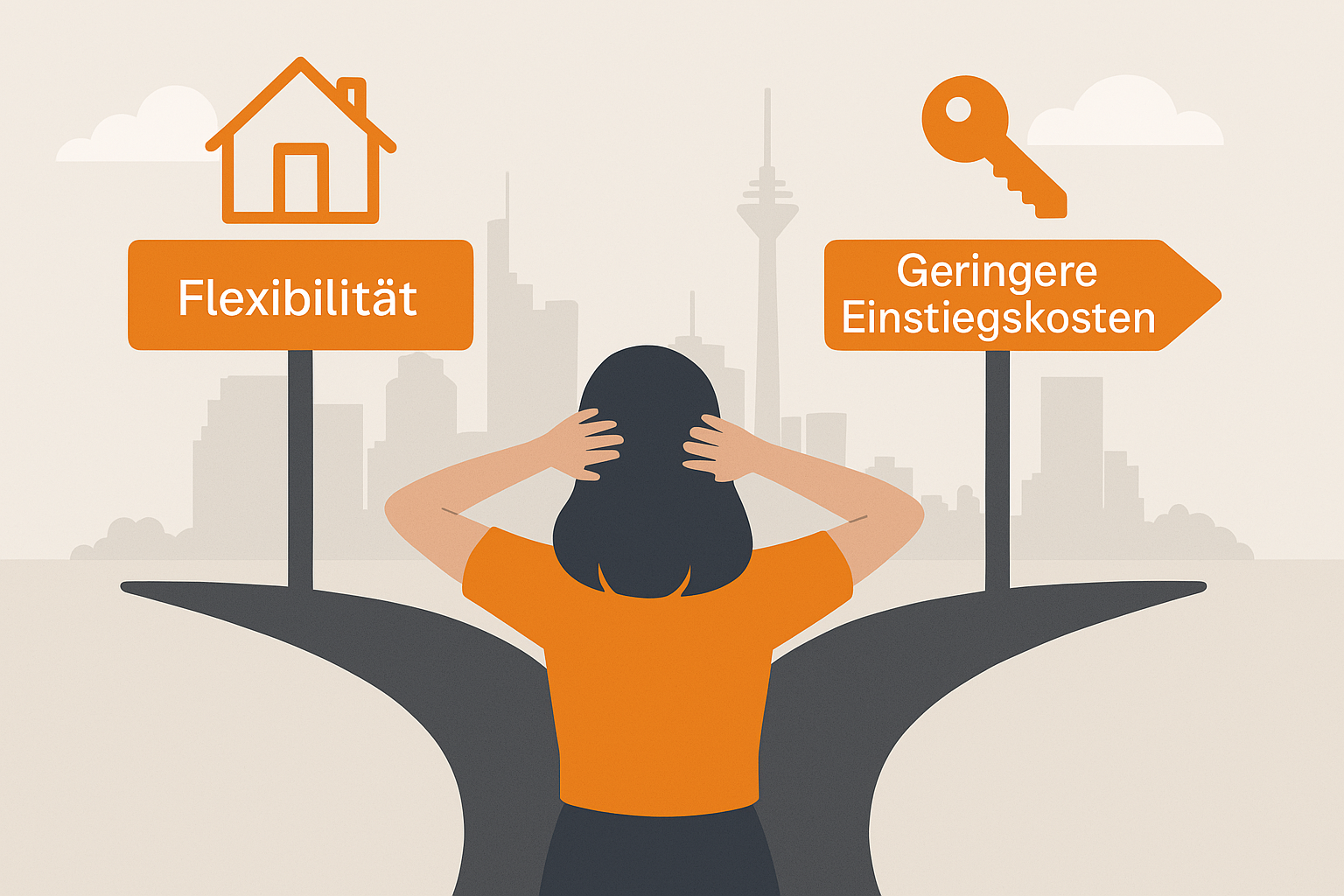 Immobilie mieten in Frankfurt & Rhein-Main Vorteile Flat-Design-Illustration einer Frau an einer Weggabelung mit zwei Wegweisern – einer mit Haussymbol für Flexibilität, der andere mit Schlüssel für geringe Einstiegskosten. Im Hintergrund die abstrahierte Skyline von Frankfurt.