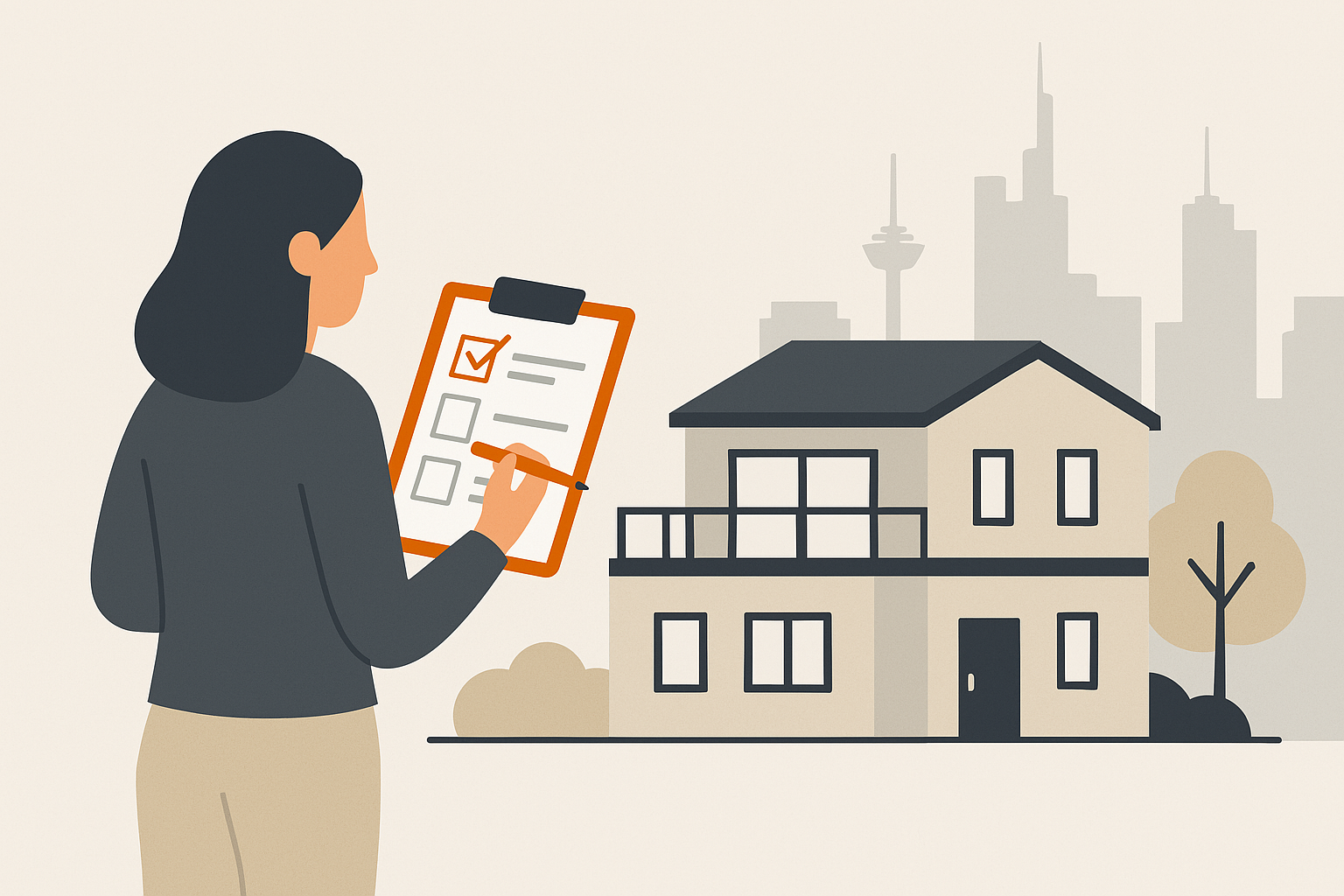 Immobilie mieten Schritt für Schritt Flat-Design-Illustration einer Frau mit Checkliste und Stift vor einem modernen Wohnhaus, im Hintergrund die abstrahierte Skyline von Frankfurt – symbolisiert die systematische Immobiliensuche zur Miete.