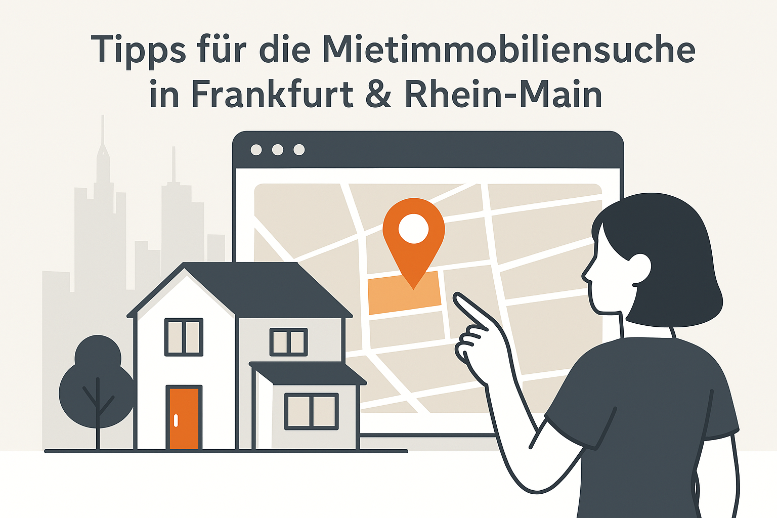 Immobilie mieten Tipps Flat-Design-Illustration einer Frau bei der digitalen Immobiliensuche. Sie betrachtet eine Karte mit Wohnsymbolen, daneben ein modernes Haus, im Hintergrund die stilisierte Skyline von Frankfurt – symbolisiert effiziente Mietsuche und professionelle Unterstützung.