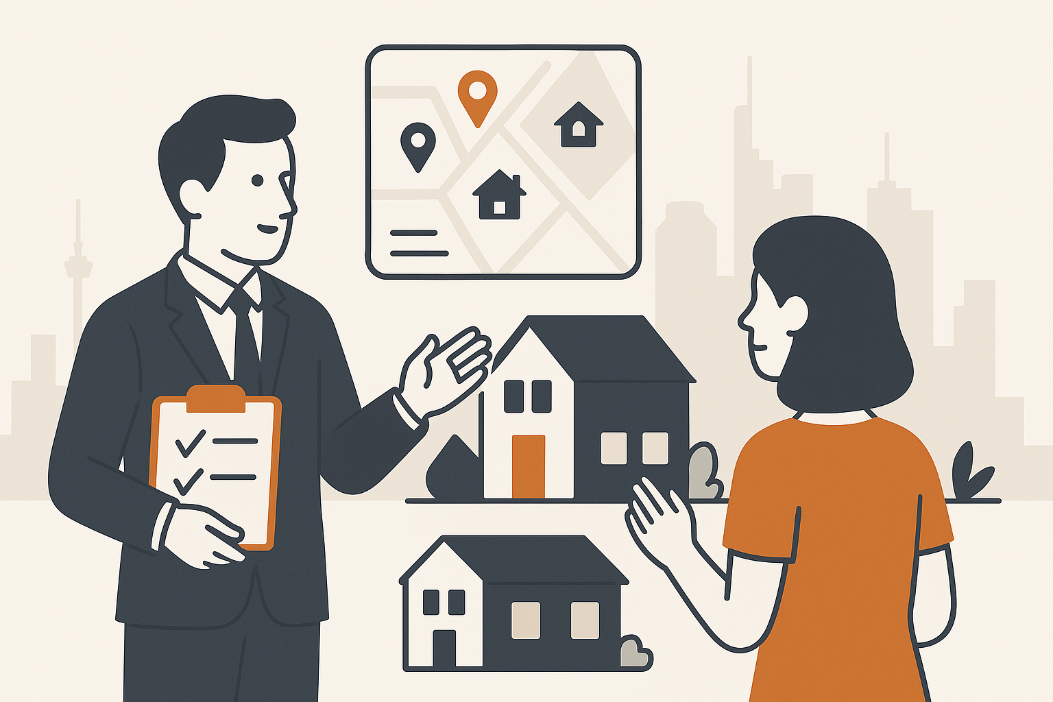 Immobilie mieten Valuvis Flat-Design-Illustration eines Immobilienmaklers im Gespräch mit einer Mietinteressentin. Dazwischen Symbole für Wohnungsangebote und Standortmarker, im Hintergrund die abstrahierte Skyline von Frankfurt – symbolisiert persönliche Beratung und Marktkenntnis.