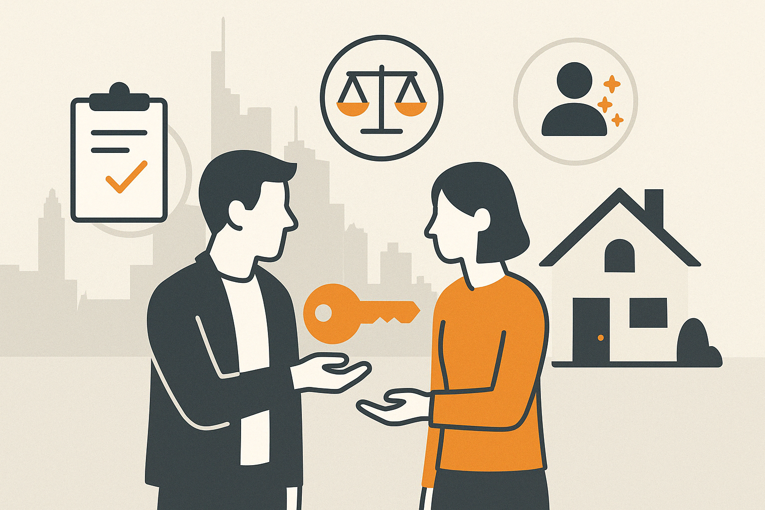 Immobilie vermieten in Frankfurt: So navigieren Sie sicher durch den Mietmarkt Flat Design Illustration im Querformat mit Schlüsselübergabe zwischen Vermieter:in und Mieter:in, ergänzt durch Icons für Mietvertrag, Fairness, Mieterauswahl und Wohnhaus – vor der Frankfurter Skyline.
