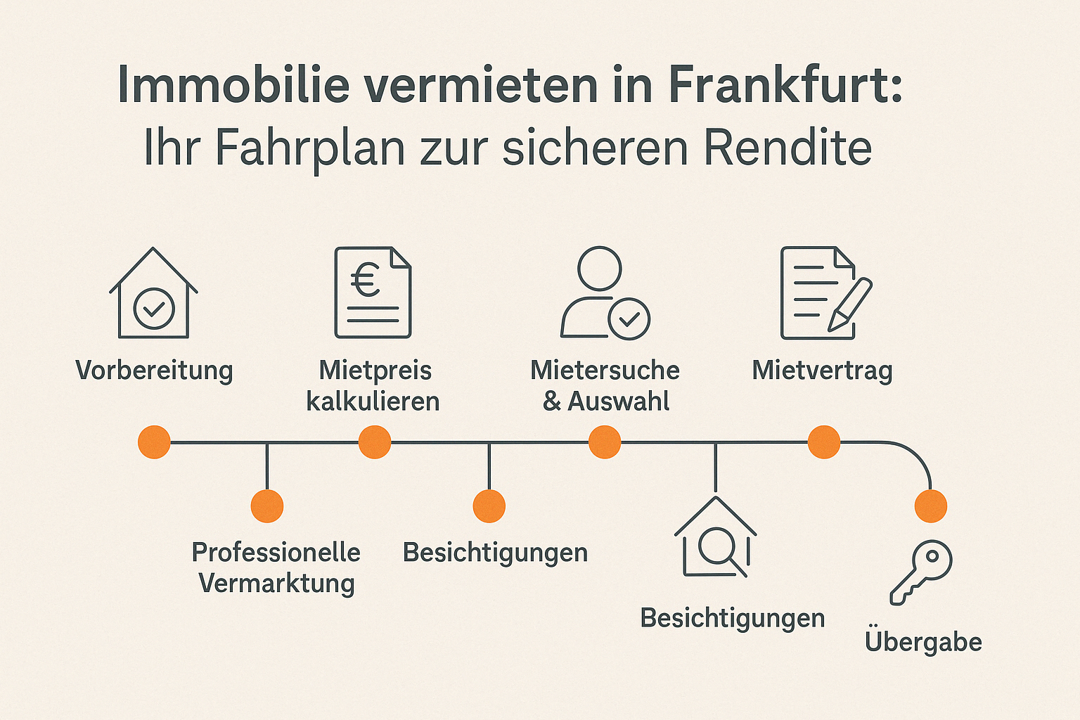 Immobilie vermieten in Frankfurt: Ihr Fahrplan zur sicheren Rendite Flat Design Infografik im Querformat mit sieben klar dargestellten Schritten zur Immobilienvermietung – von der Vorbereitung über Mietpreisermittlung, Vermarktung, Mieterauswahl, Besichtigungen und Mietvertrag bis zur Übergabe – mit Icons in CI-Farben und Skyline von Frankfurt im Hintergrund.
