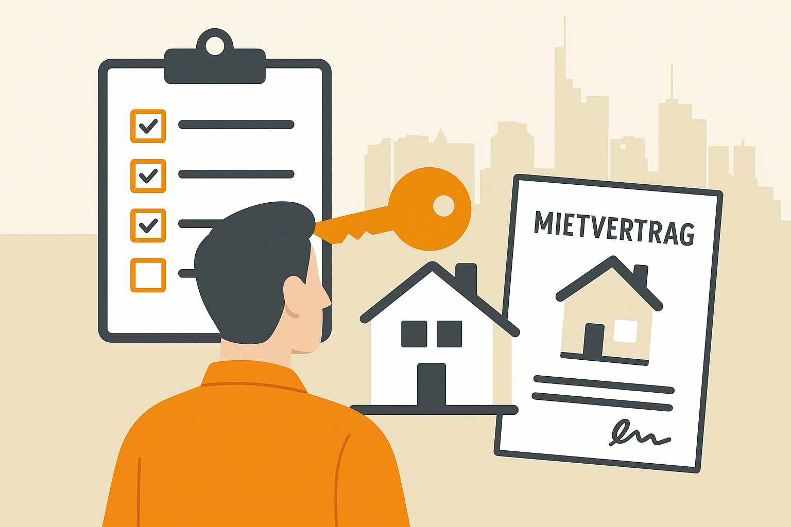 Valuvis: Ihr Vermietungspartner für den Frankfurter Mietmarkt Flat Design Illustration im Querformat mit Beratungsszene zwischen Vermieter:in und Makler:in, umgeben von Icons für Bonitätsprüfung, rechtssichere Verträge, Mietpreisermittlung, Zeitersparnis und Entlastung – mit der Skyline von Frankfurt im Hintergrund.