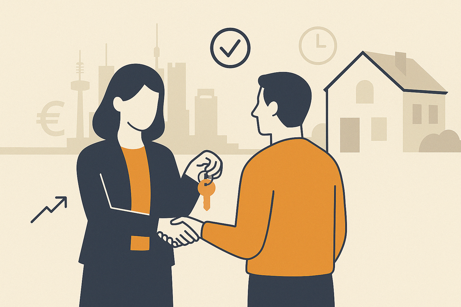 Sicher vermieten und Rendite optimieren in Frankfurt Flat Design Illustration im Querformat mit Schlüsselübergabe zwischen Makler und Eigentümer, ergänzt durch dezente Symbole für Rendite und Sicherheit – im Hintergrund die Skyline von Frankfurt. Visualisiert den erfolgreichen Abschluss einer Immobilienvermietung.