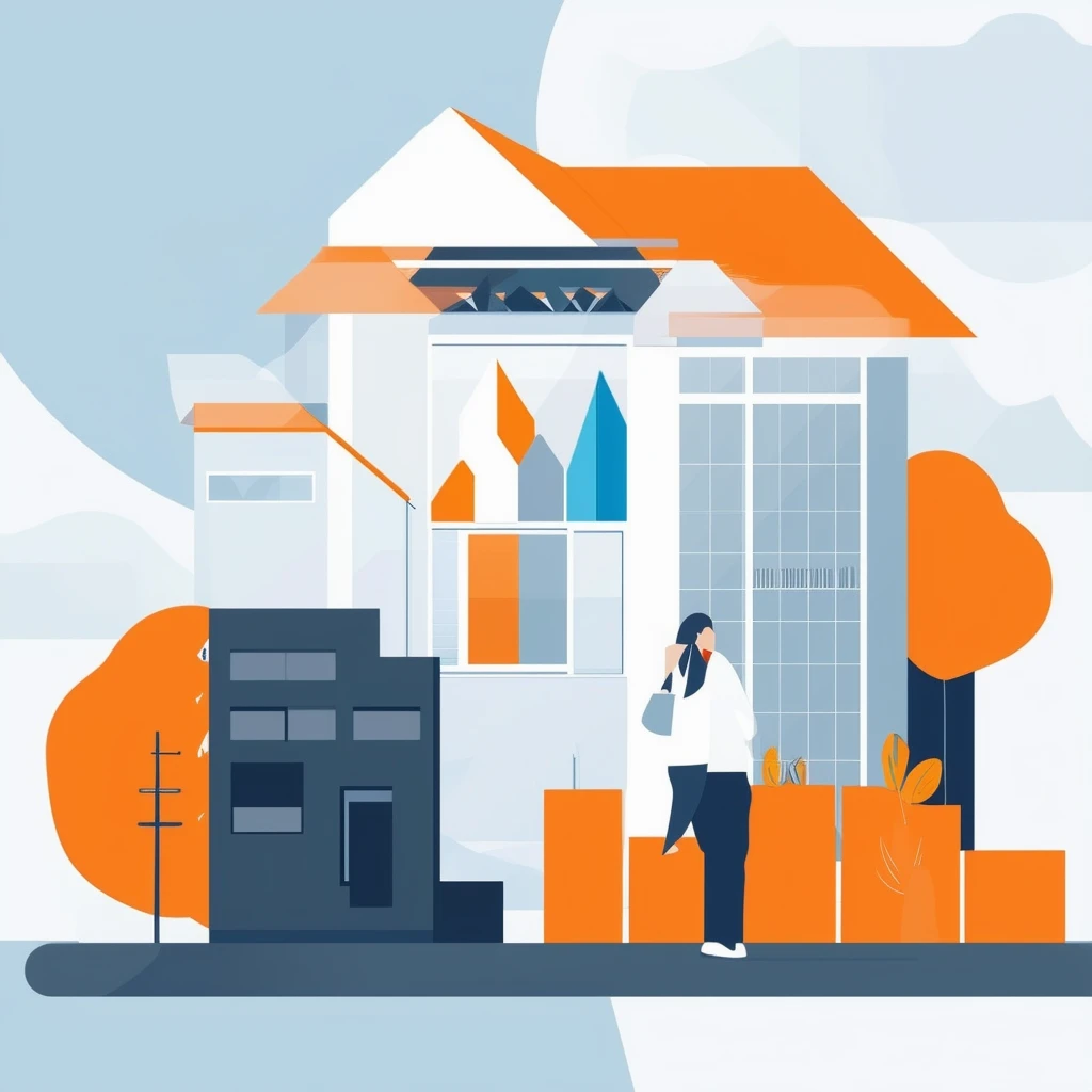 Fragen und Antworten zum Finanzierungsrechner Eine moderne professionelle Immobilienszene mit Entscheidungswerkzeugen in Weiss Orange Blau Dunkelgrau und Hellgrau.
