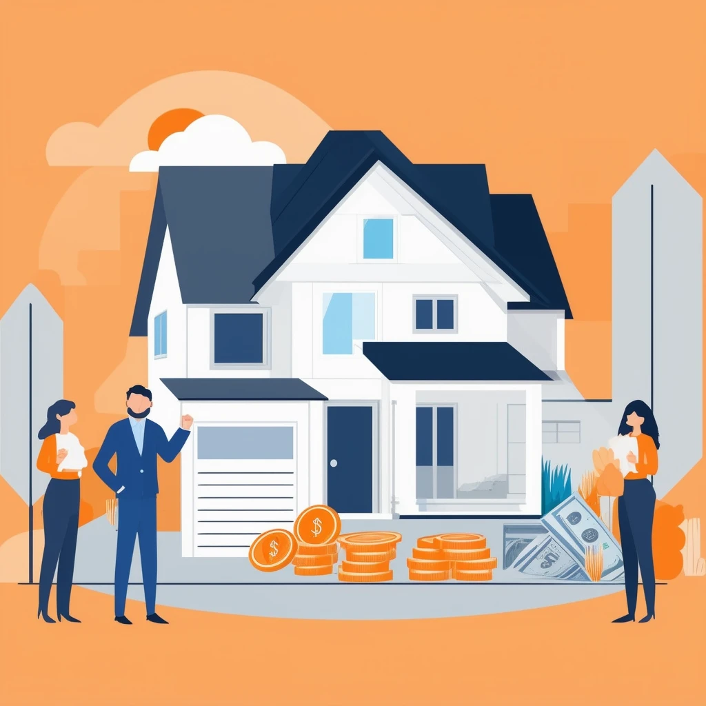 Ganzheitliche Betrachtung des Hauskaufs Eine ausgewogene und informative Illustration zur Finanzplanung fuer den Hauskauf mit einem ruhigen und professionellen Stil in Weiss Orange Blau Dunkelgrau und Hellgrau.