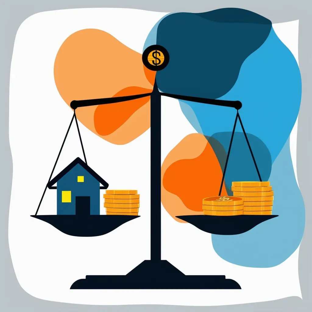 Wohnung vermieten oder verkaufen: Entscheidungshilfe Eine ausgewogene Waage mit abstrakten Darstellungen von Haus und Geld.