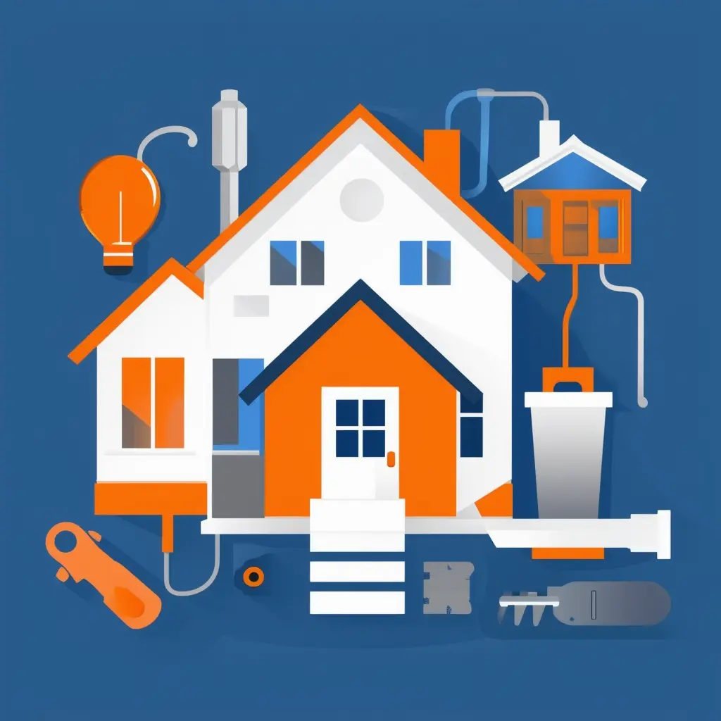 Valuvis Immobilien-Tools: Ihre Online-Helfer Eine moderne Illustration von Immobilientechnologie-Tools in Weiss Orange Blau und Grautoenen.