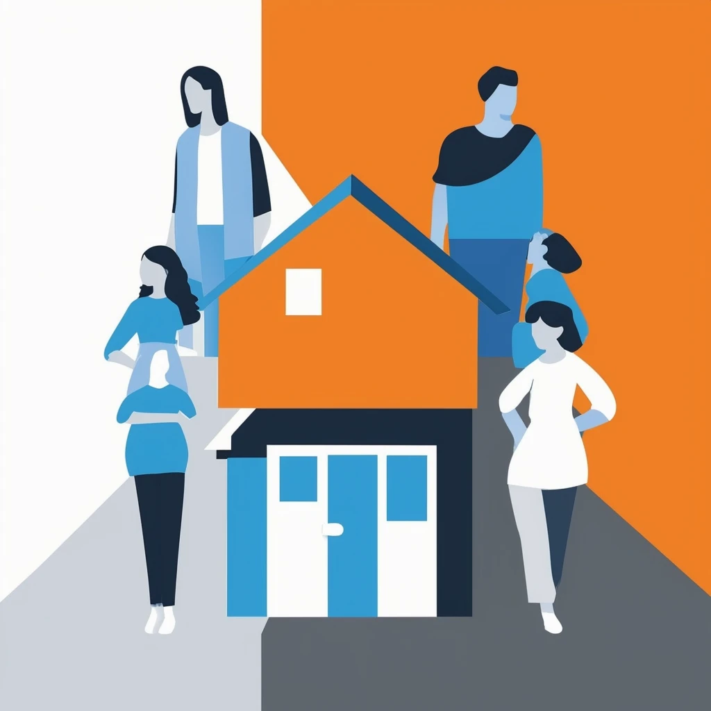 Flexibilitaet vs. Bindung Eine Vektorillustration die den Kontrast zwischen Mieten und Wohneigentum zeigt - Flexibilitaet vs. Verpflichtung - mit ausgewogener Farbpalette in Weiss Orange Blau Dunkelgrau und Hellgrau.
