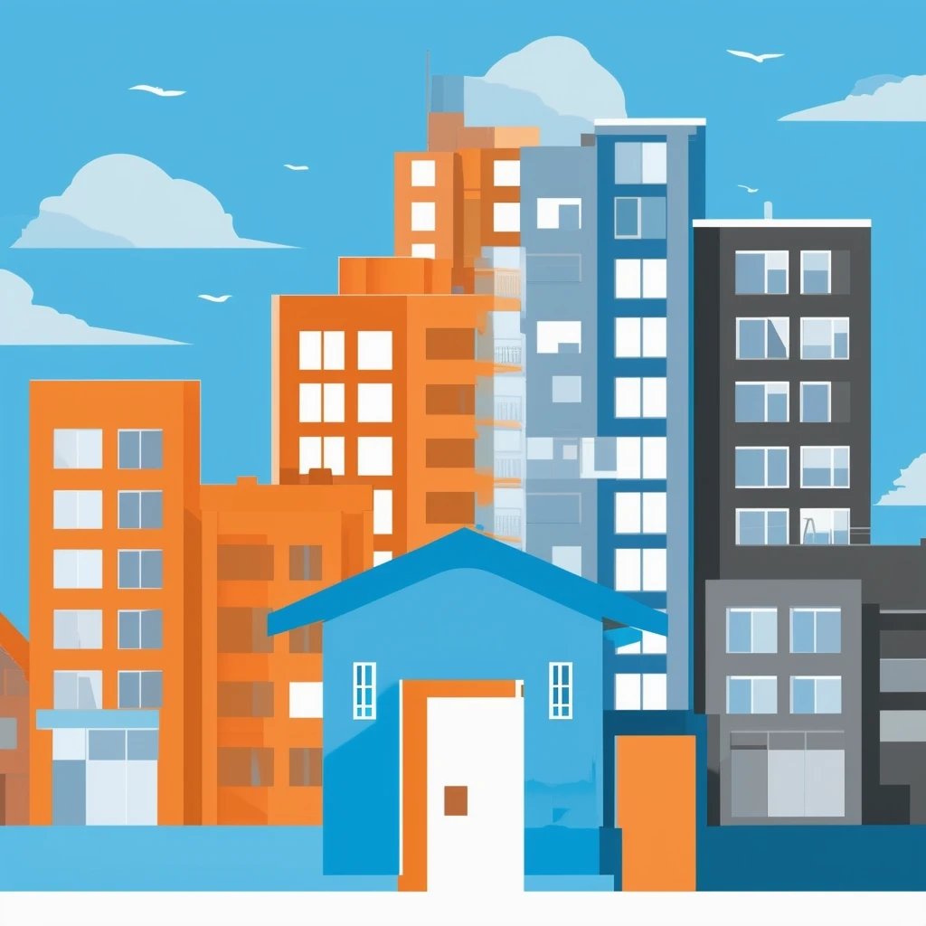Wohnung mieten oder kaufen: Eine umfassende Entscheidungshilfe Eine Stadtlandschaft mit Gebaeuden die die Wahl zwischen Mieten und Kaufen eines Zuhauses hervorhebt in Weiss Orange Blau Dunkelgrau und Hellgrau.