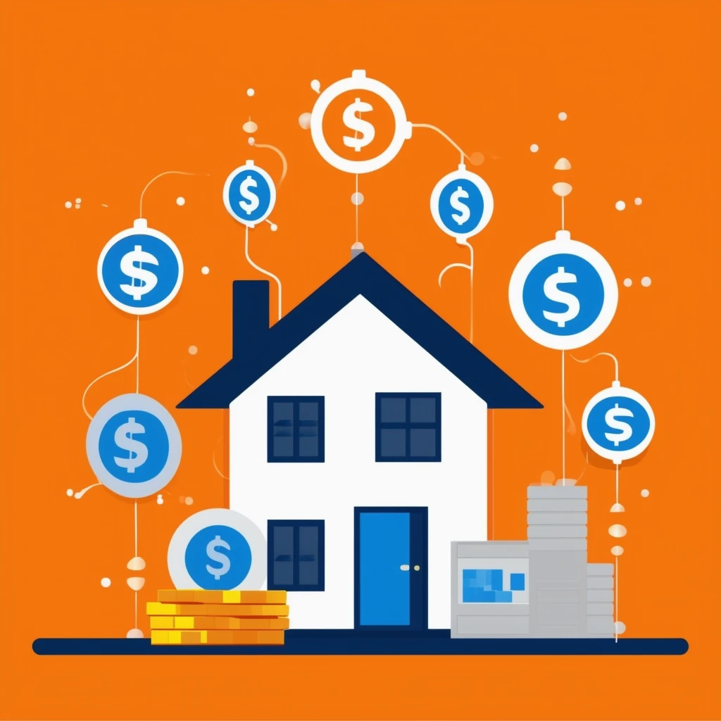 Aufschlüsselung der Nebenkosten Eine Vektorillustration eines Hauses umgeben von Finanzsymbolen in Weiss Orange Blau Dunkelgrau und Hellgrau - Darstellung von Immobilien- und Finanzkonzepten.