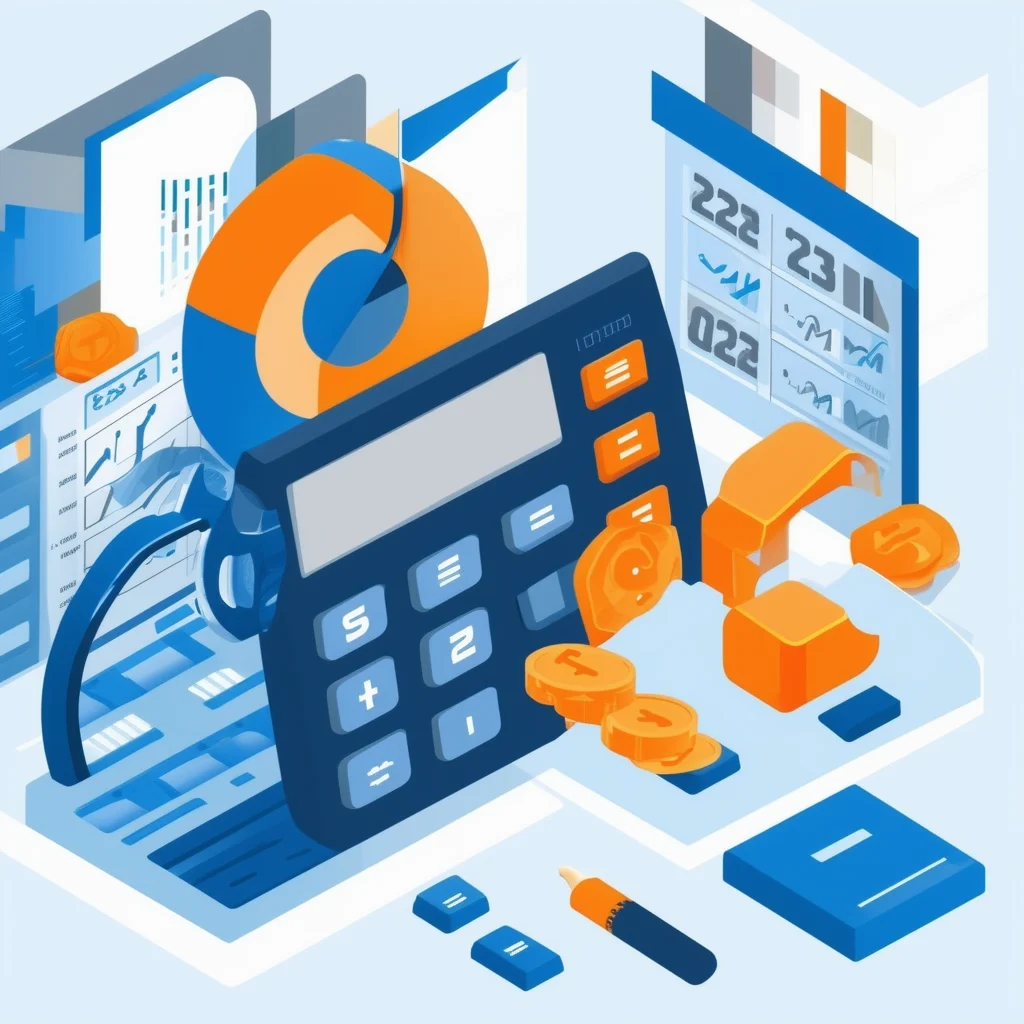 Beispielrechnung der Nebenkosten Eine professionelle Vektorillustration mit Finanzberechnungsthema in Weiss Orange Blau Dunkelgrau und Hellgrau.