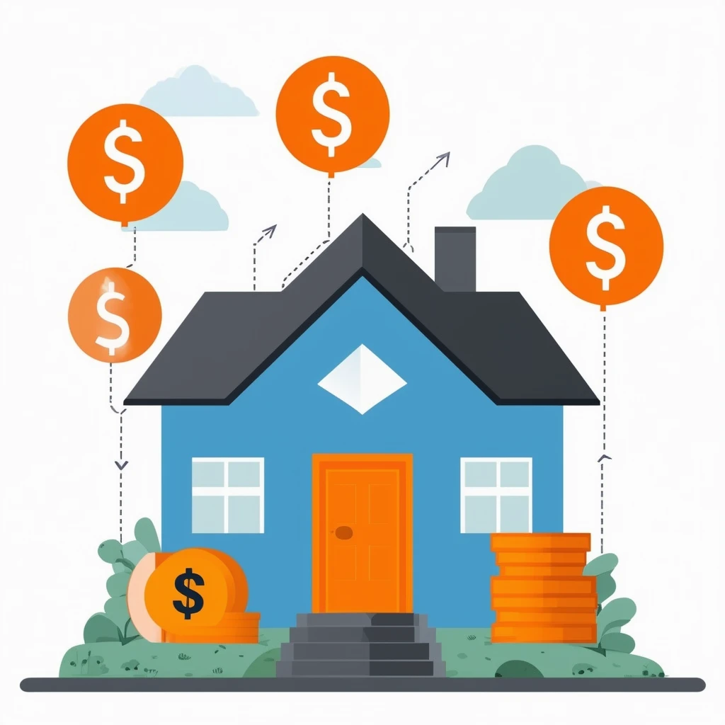 Tipps zu den Nebenkosten Eine flache Vektorillustration eines Hauses mit Finanzsymbolen die Kostenreduzierung und Verhandlung in einem professionellen und informativen Stil betonen. Die Farbpalette umfasst Weiss ffffff Orange ec6707 Blau 1398f8 Dunkelgrau 595857 und Hellgrau a6a7a