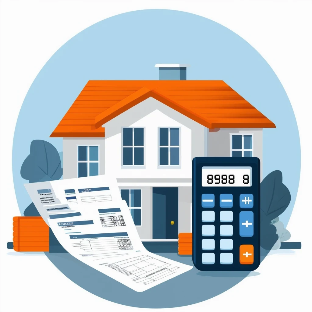 Nebenkosten beim Hauskauf berechnen: Ein umfassender Leitfaden Eine moderne Hausillustration mit Taschenrechner und Finanzdokumenten in einem Farbschema aus Weiss Orange Blau Dunkelgrau und Hellgrau.