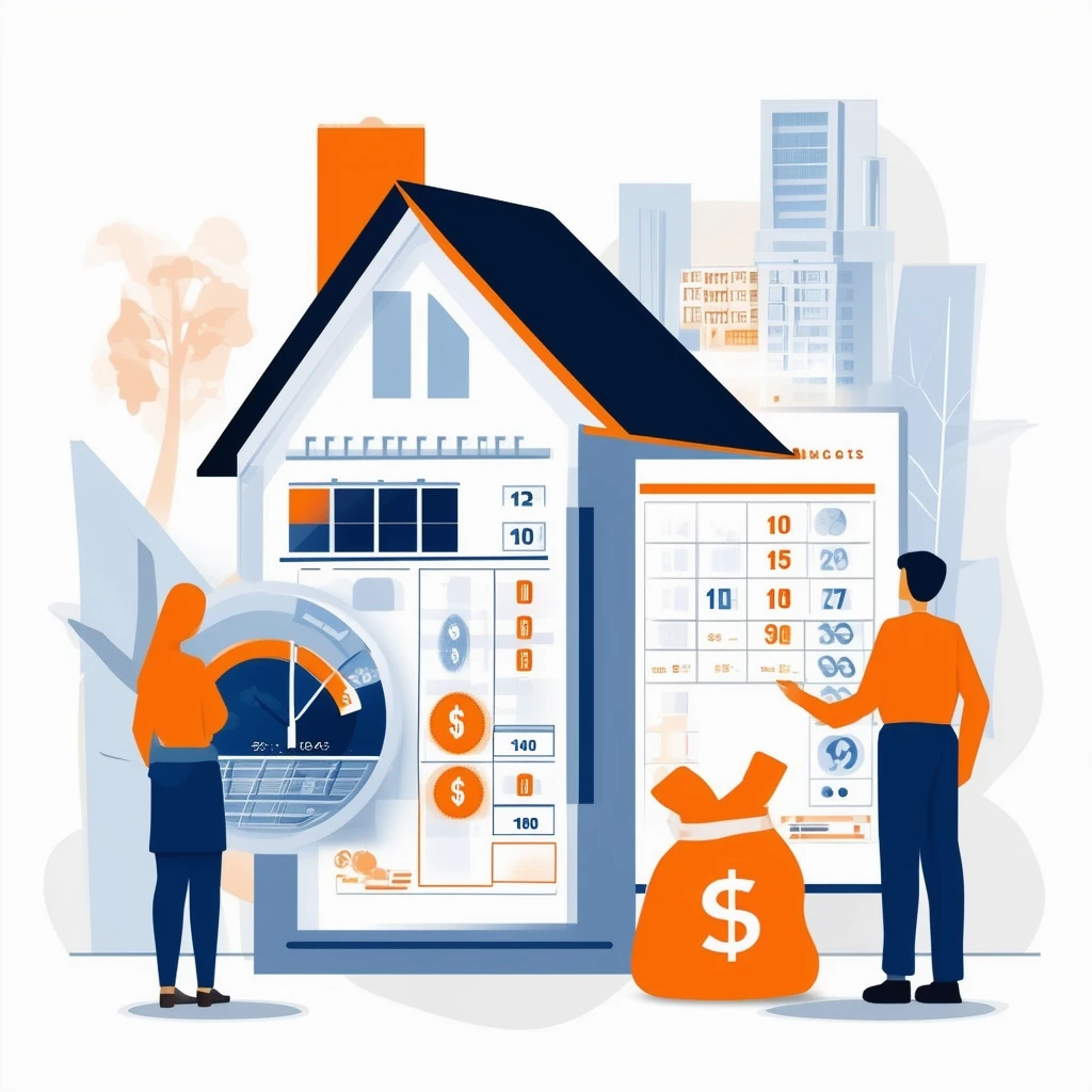 Berechnung der Spekulationssteuer Eine ausgewogene und informative Illustration von Immobilientransaktionen mit Fokus auf Daten und Finanzen in Weiss Orange Blau Dunkelgrau und Hellgrau.