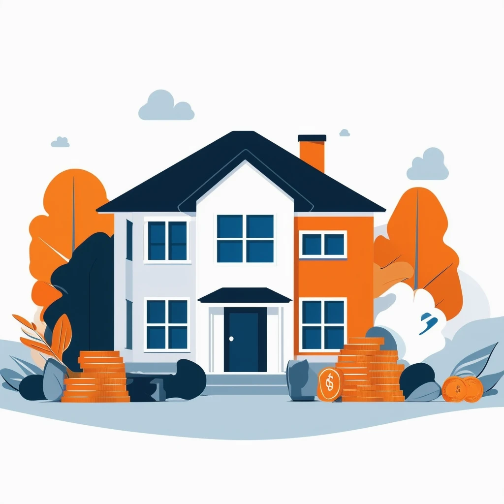 Spekulationssteuer vermeiden durch Ausnahmen Eine ruhige und informative Illustration ueber Immobilien und Steuertipps in Weiss Orange Blau und Grautoenen.