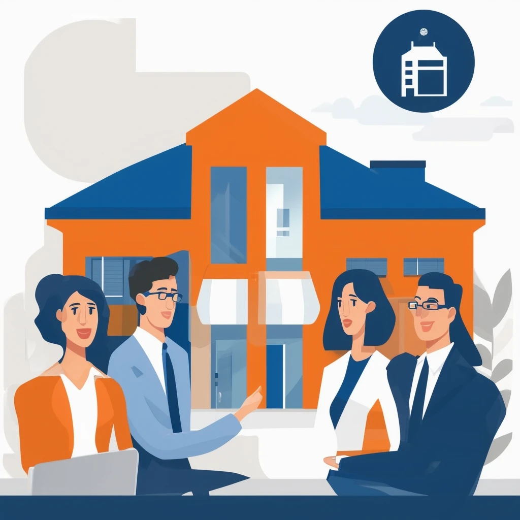 Beratung zur Spekulationssteuer Eine ruhige und professionelle Illustration einer Immobilienberatung mit Farbschema in Weiss Orange Blau Dunkelgrau und Hellgrau.
