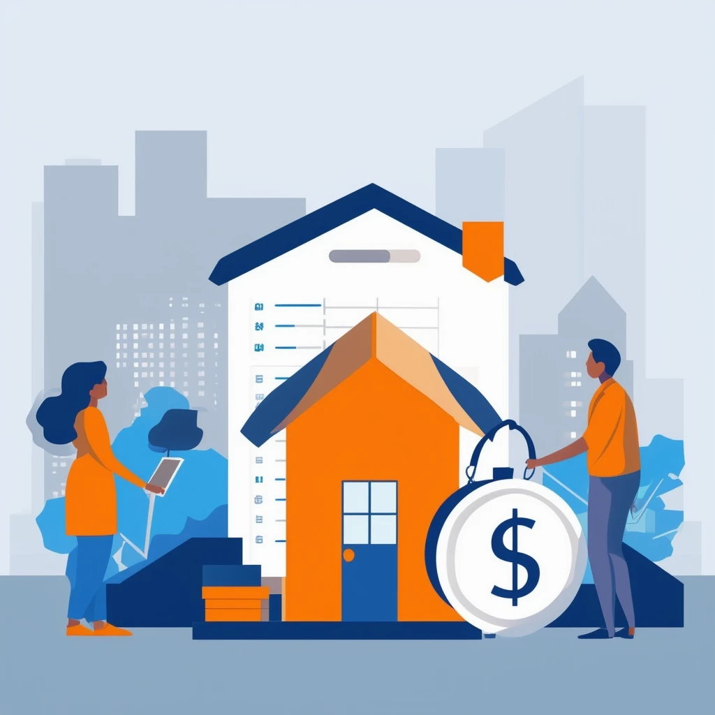Spekulationssteuer bei Immobilien berechnen Eine ruhige und informative Illustration ueber Immobilien und Finanzplanung mit Farben wie Weiss Orange Blau Dunkelgrau und Hellgrau.